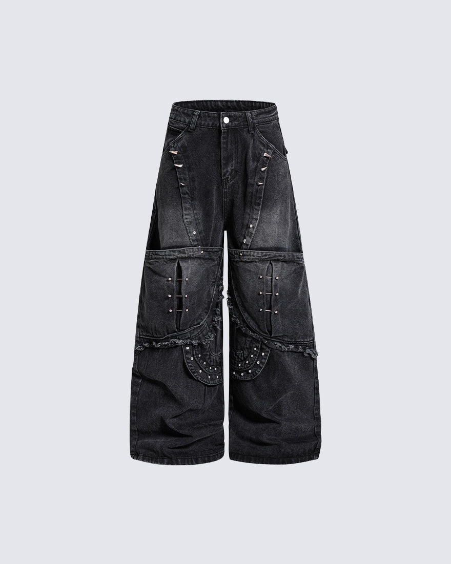 Dark Punk Deconstructed Rivet Panel Denim Pants