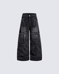 Dark Punk Deconstructed Rivet Panel Denim Pants