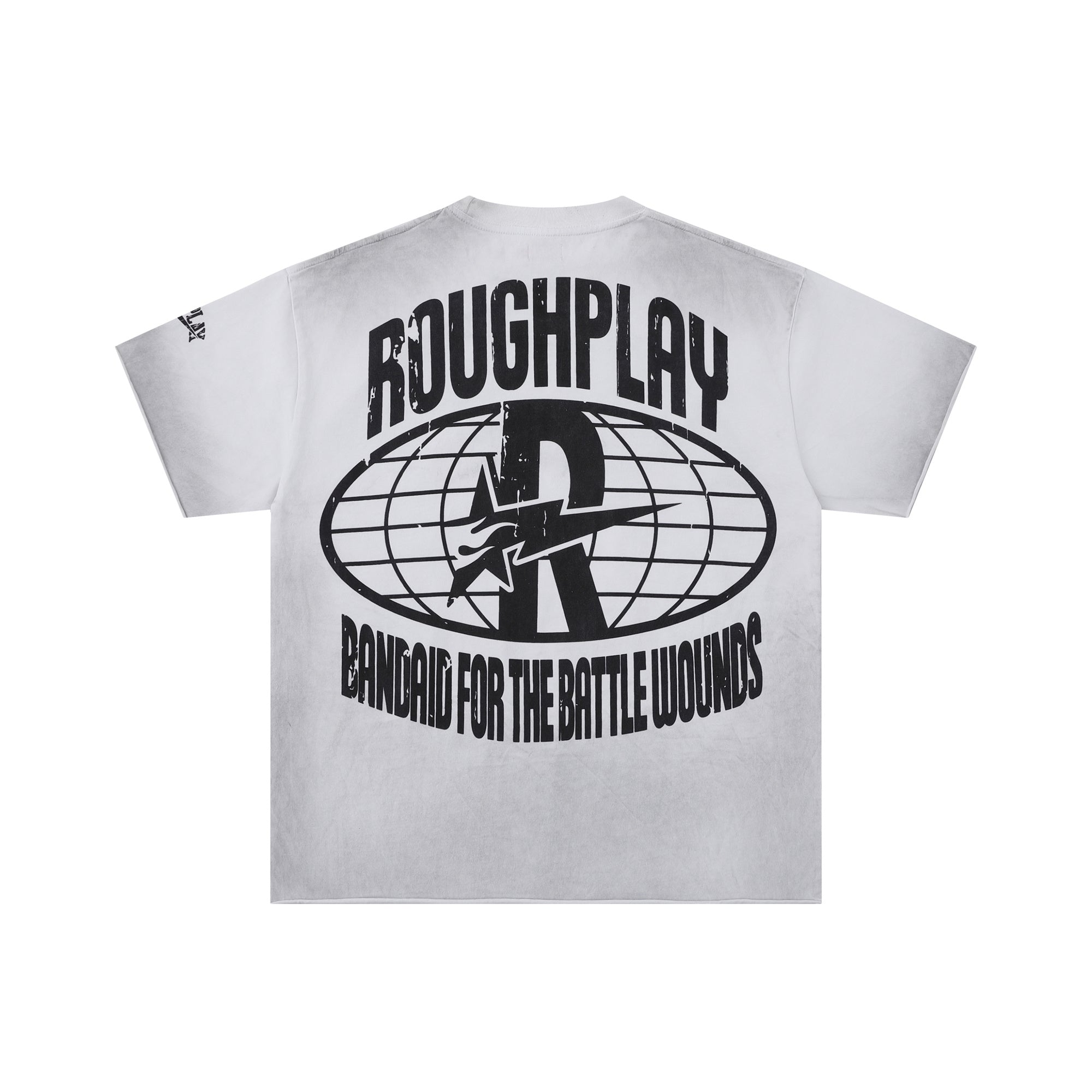 Roughplay Stay Young Wild Hybrid Skull‑Portrait Blue Circular Badge Distressed Tee