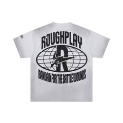 Roughplay Stay Young Wild Hybrid Skull‑Portrait Blue Circular Badge Distressed Tee