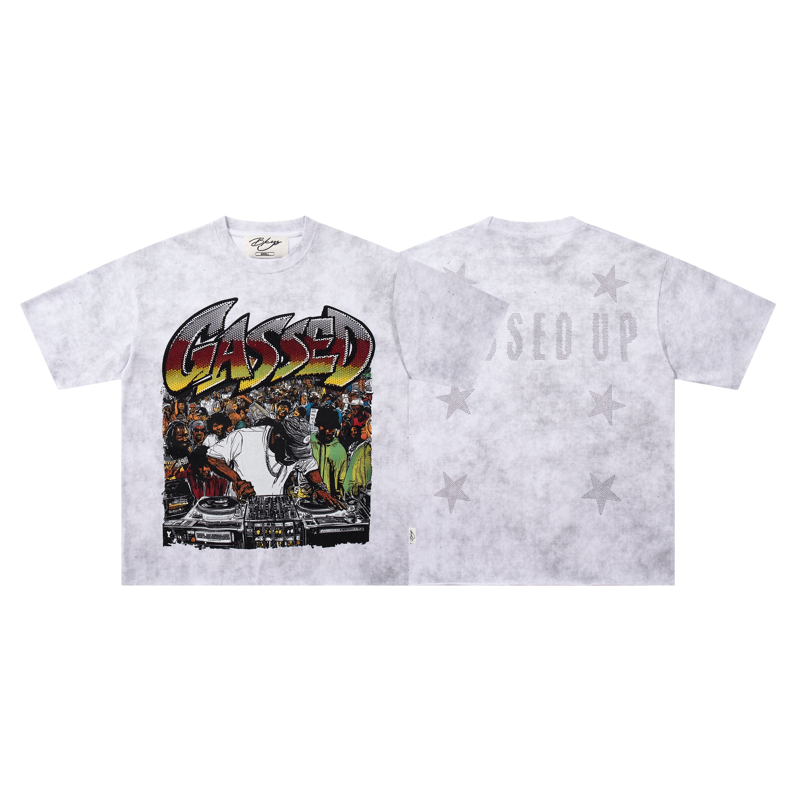 BKYS Cased DJ Star Rhinestone White Washed Oversized Graphic T-Shirt