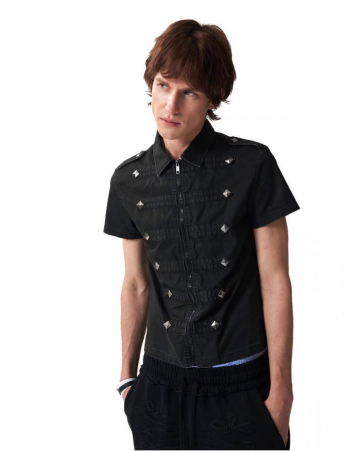 Retro Trendy Rhinestone Lapel Zipper T-Shirt