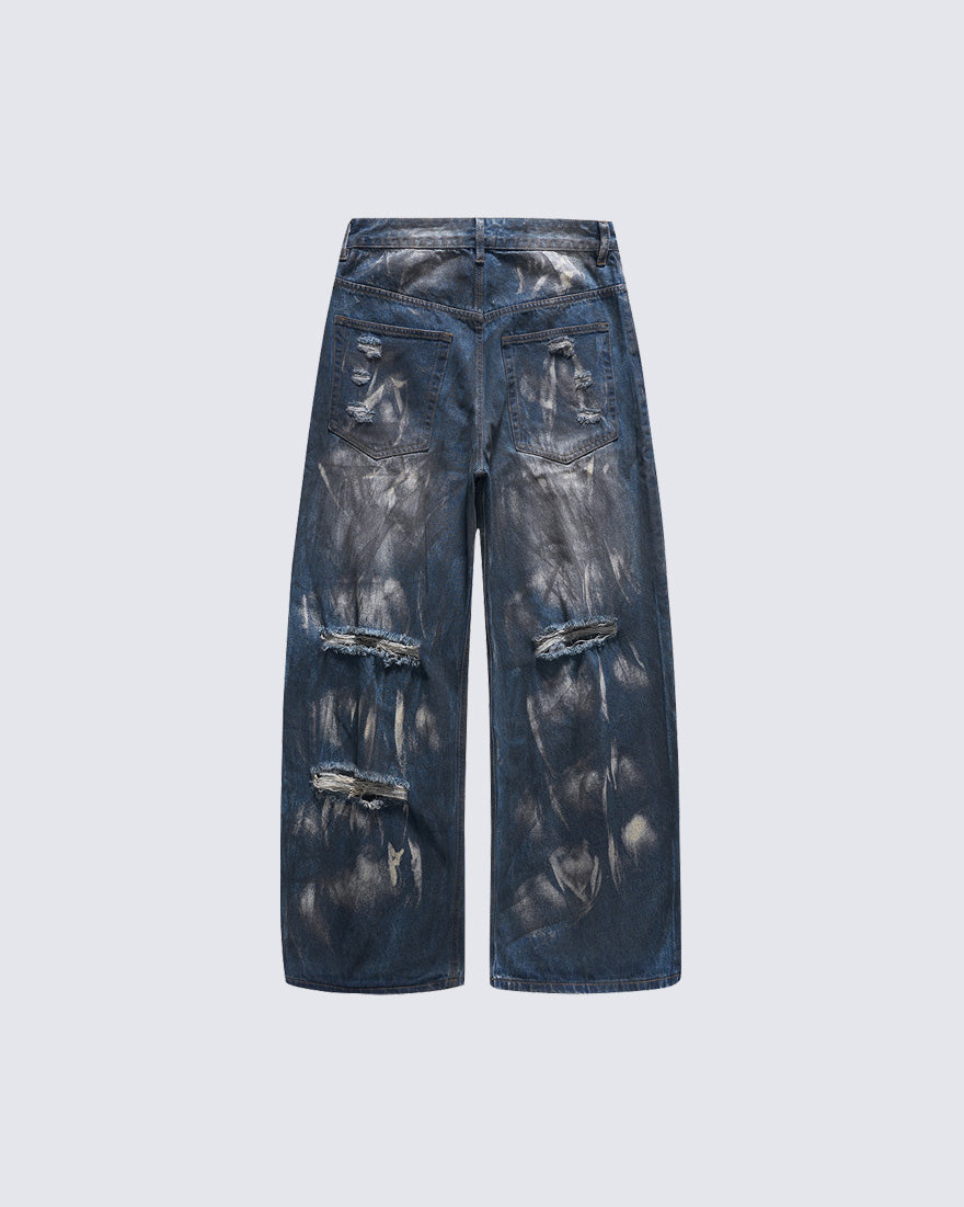 Gradient Bleach Distressed Wide Leg Denim Pants