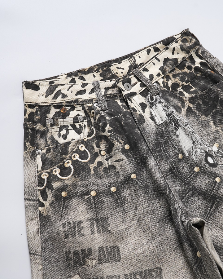 Leopard Print Spiked Graphic Barrel Denim Pants