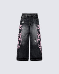 American Retro Style Flame Print Jeans