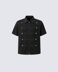 Retro Trendy Rhinestone Lapel Zipper T-Shirt