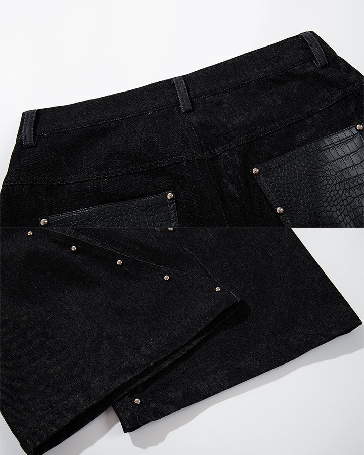 Deconstructed Wide Leg Faux Leather Denim Shorts