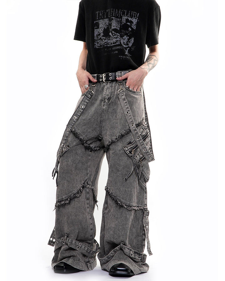 Detachable Strap Dark Heavy Deconstructed Jeans