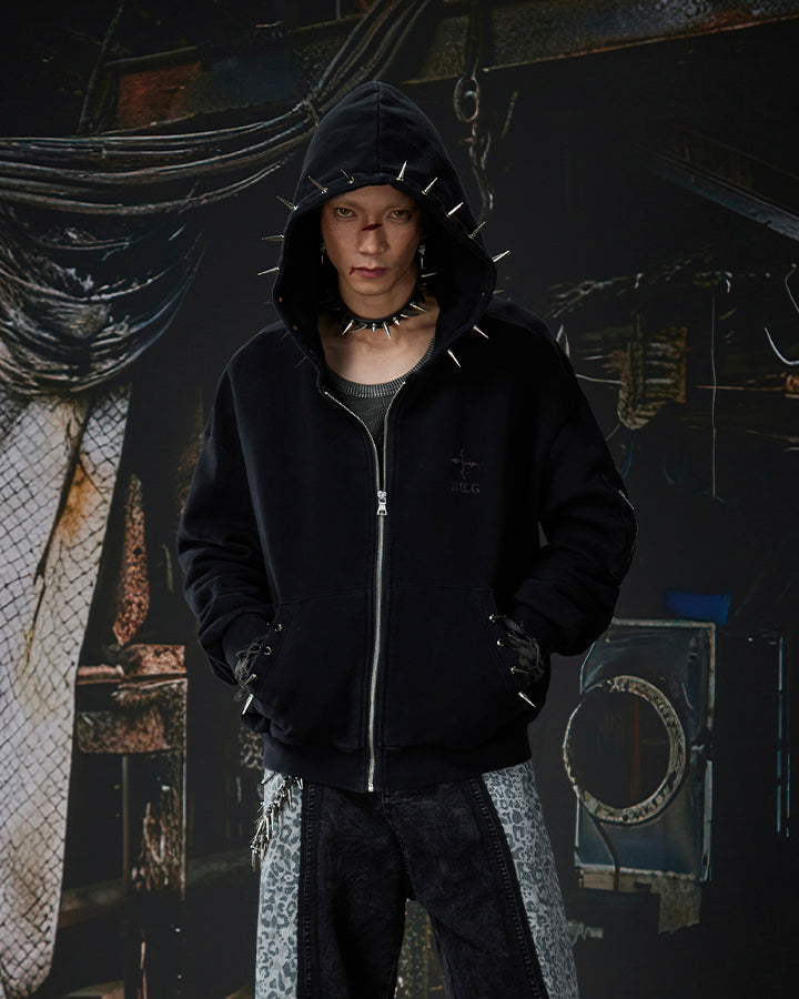 Spike Decor Zip-Up Hooded Sweatshirt