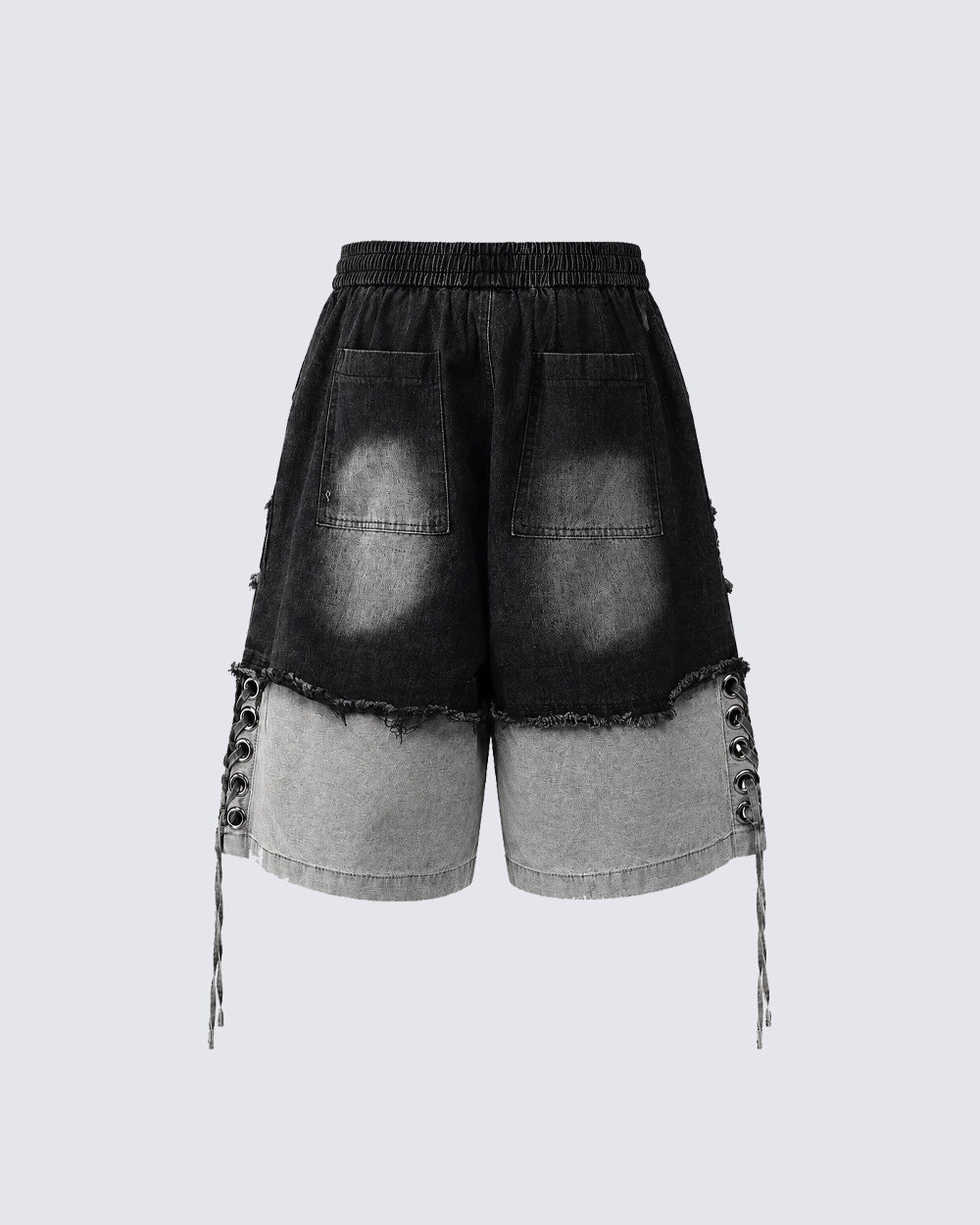 Street-Edge Distressed Frayed Patch Denim Shorts