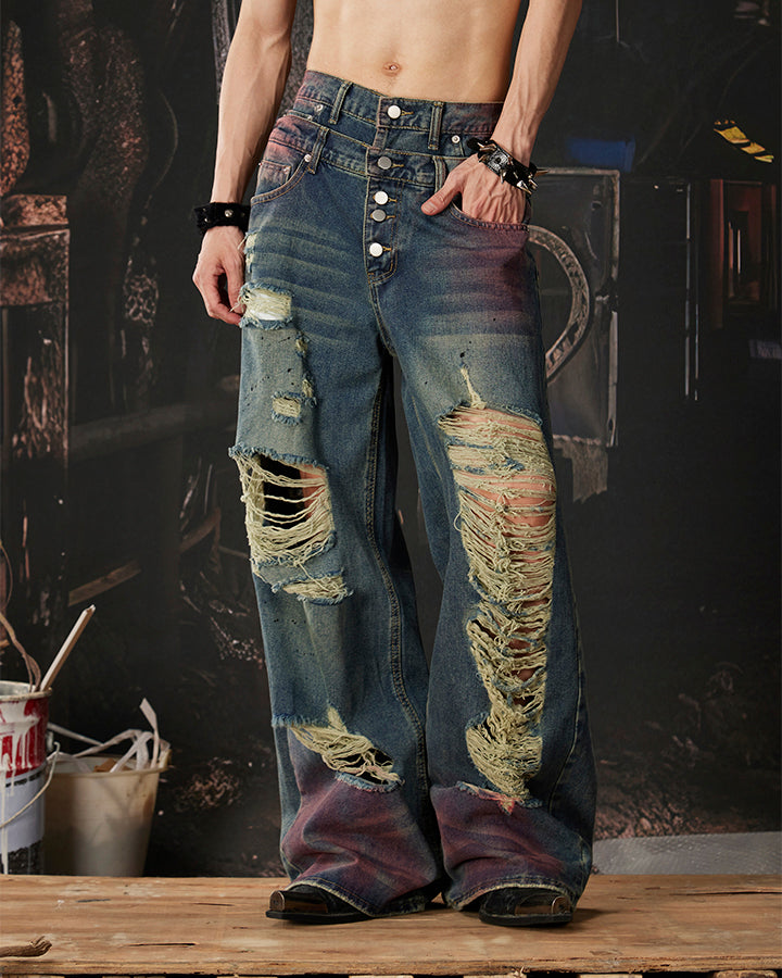 New Double Waist Spray Distressed Jeans