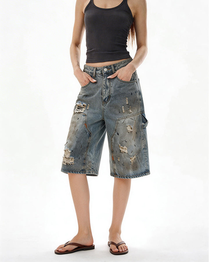 American Retro Distressed Cargo Denim Shorts
