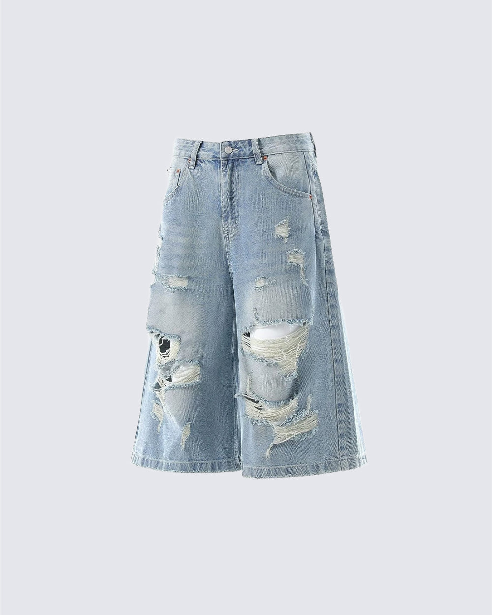 New Light Wash Distressed Wide Denim Shorts