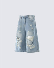 New Light Wash Distressed Wide Denim Shorts