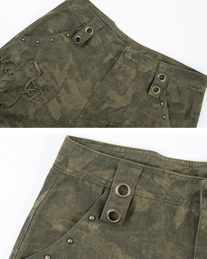 Distressed Tie-Dye Camo Cargo Denim Pants