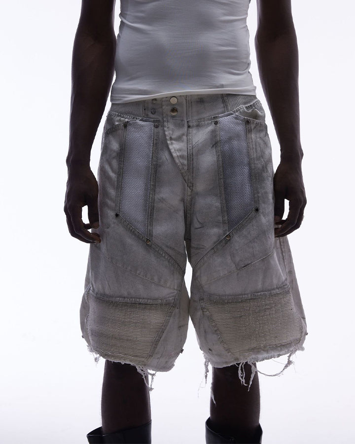 Dark Techwear Elastic-Waist Deconstructed Shorts