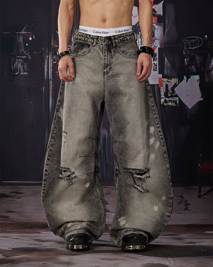 Vintage Street Distressed Washed Curved-Leg Jeans