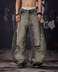 Vintage Street Distressed Washed Curved-Leg Jeans
