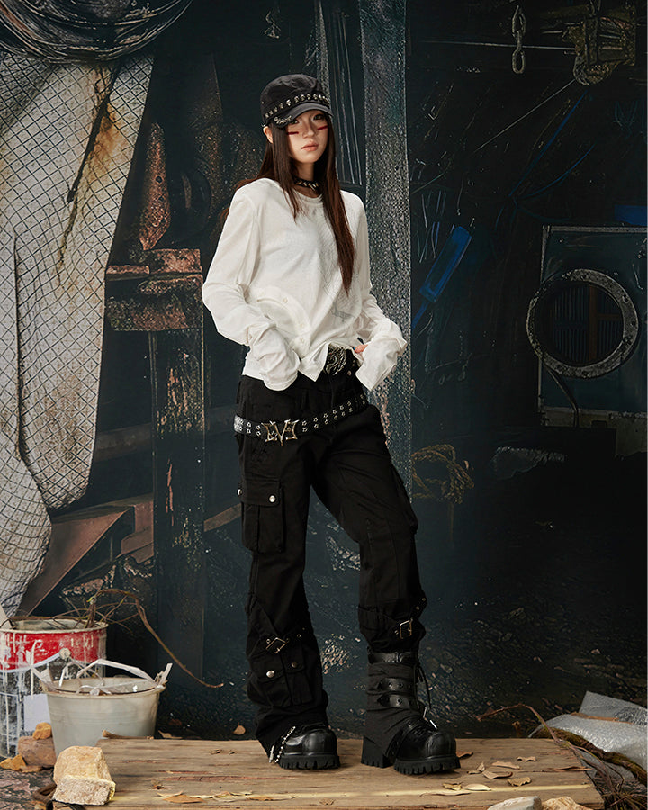 Multi-Pocket Buckle Cargo Flare Pants