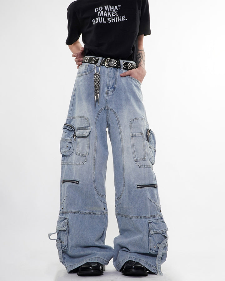 High-Street Multi-Pocket Straight-Leg Denim Pants