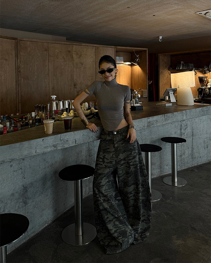 Vintage Camo Rhinestone Loose Balloon Denim Pants