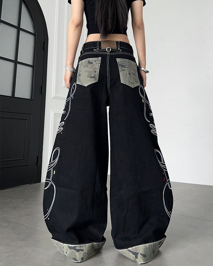 Vintage Camo Panel Wide Leg Denim Pants