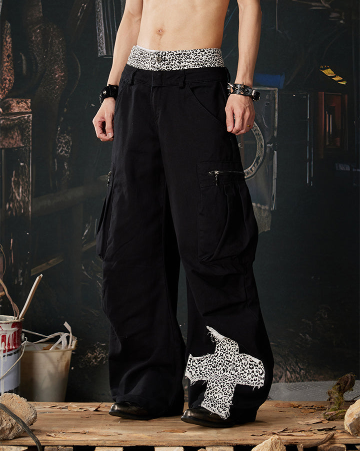 Y2K Leopard Double-Waist Patchwork Cargo Pants