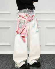 Patchwork Scarf Detail Wide Leg Pants