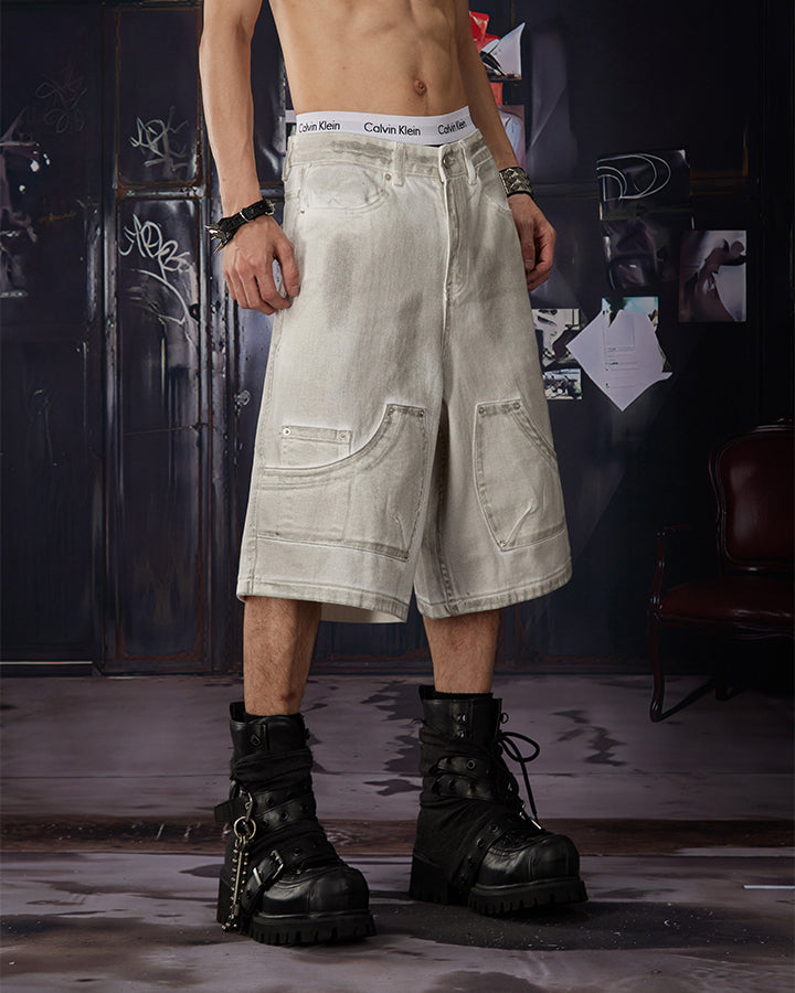 Light Asian Distressed Dirty-Dyed Denim Shorts
