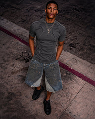 Dark Washed Deconstructed Seam Short Sleeve T-Shirt