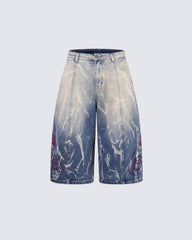 American-Style Design With A Fission Print Denim Capri Pants