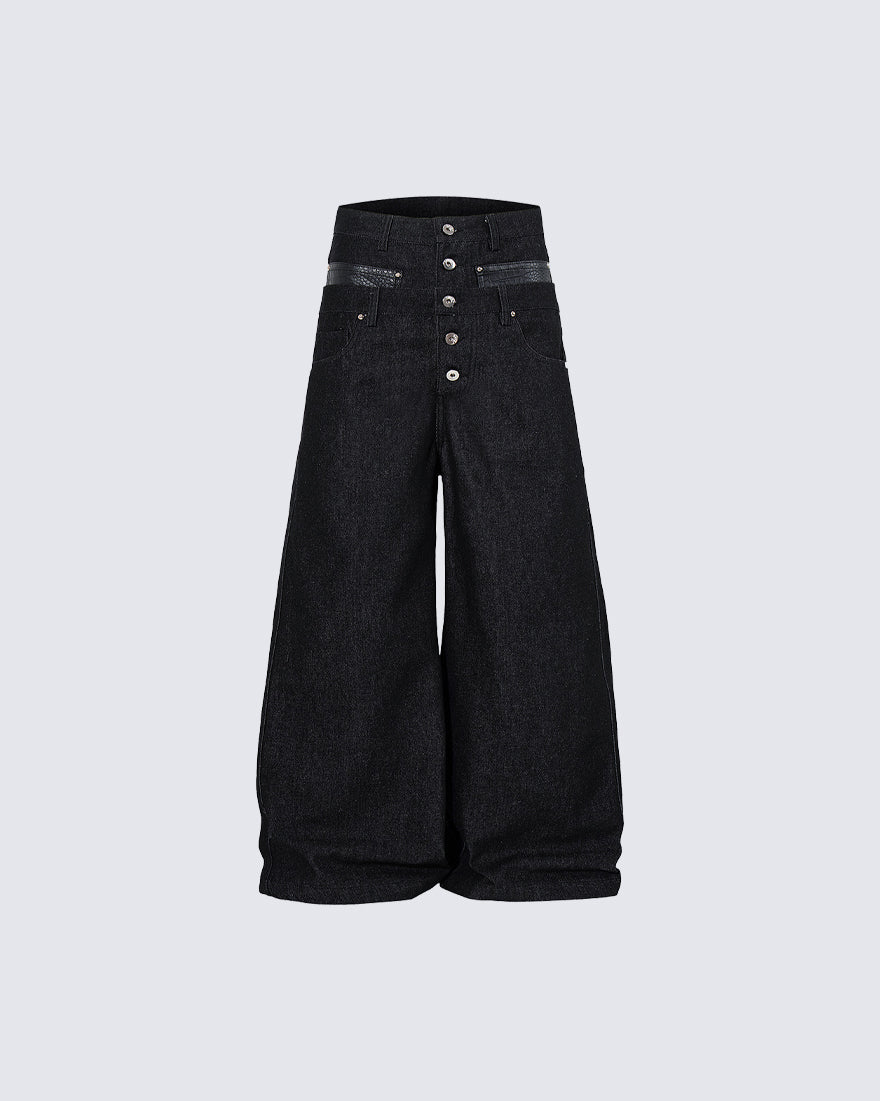 Rivet Patchwork Leather Panel Denim Pants
