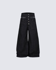 Rivet Patchwork Leather Panel Denim Pants