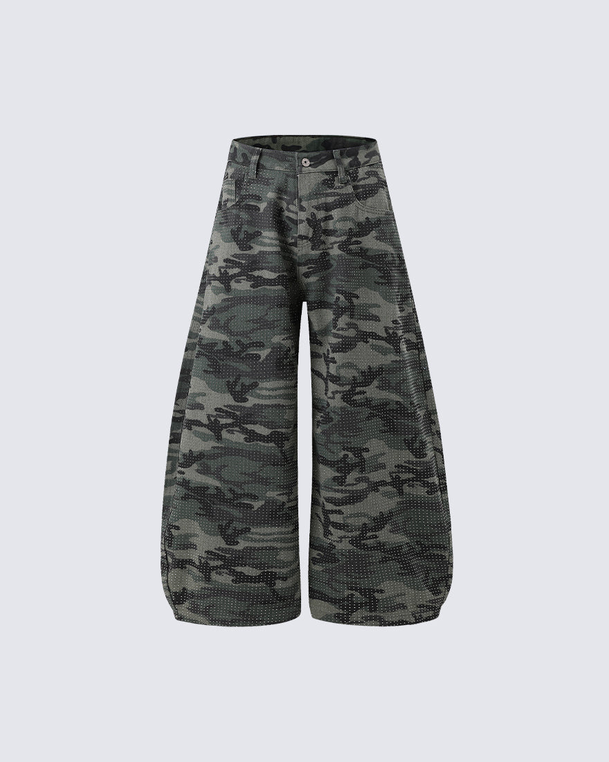 Vintage Camo Rhinestone Loose Balloon Denim Pants