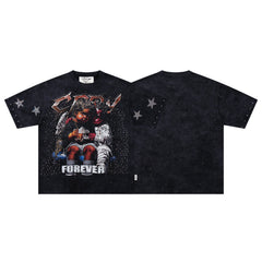 BKYS Angel Devil Kids Star Rhinestone Black Washed Oversized Graphic T-Shirt