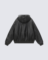 Faux Leather Hooded Jacket with Fur Trim