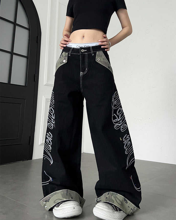 Vintage Camo Panel Wide Leg Denim Pants