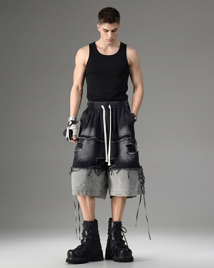 Street-Edge Distressed Frayed Patch Denim Shorts