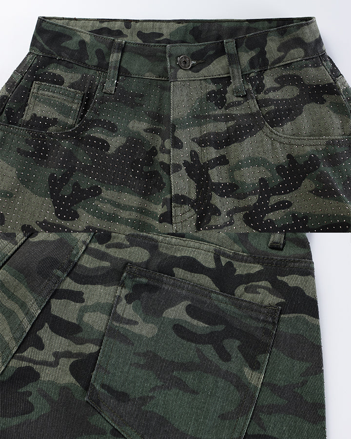 Vintage Camo Rhinestone Loose Balloon Denim Pants