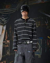 Vintage Contrast Stripe Button Long Sleeve T-Shirt