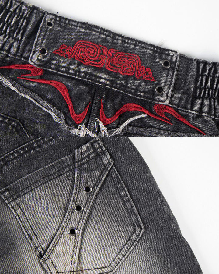 New Dark Washed Red Embroidery Flared Denim Jeans