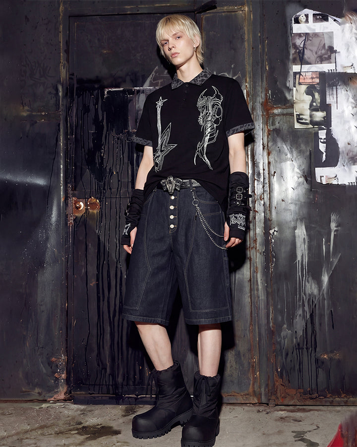 Dark Punk Leopard-Collar Graphic Polo Shirt