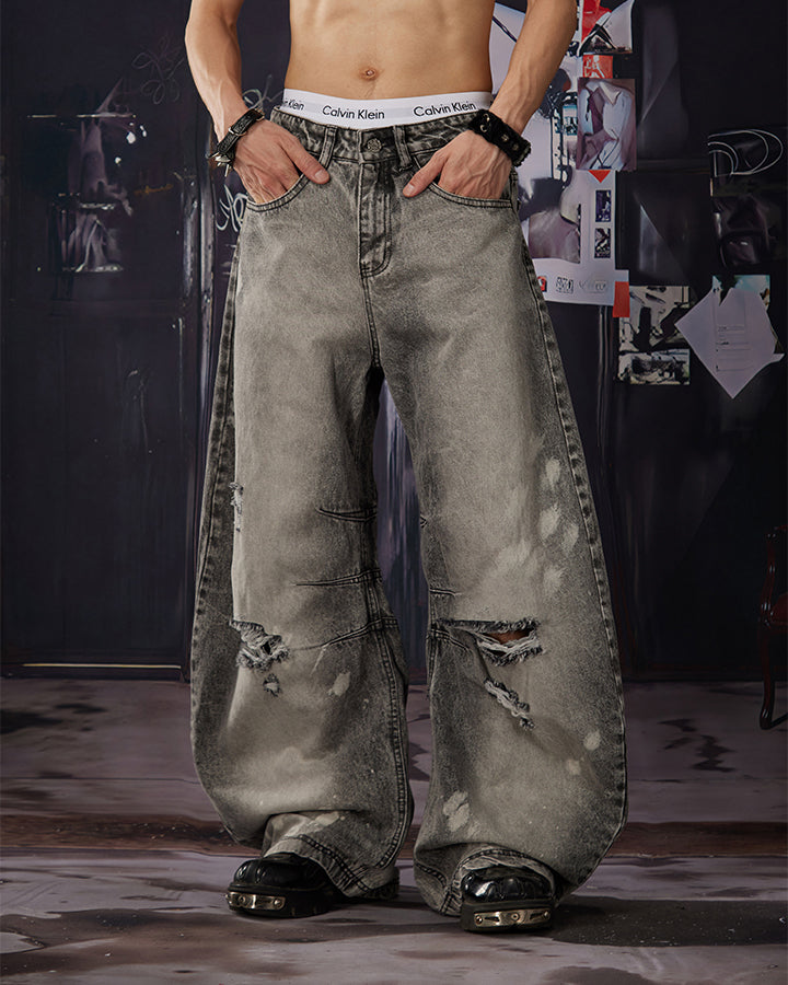 Vintage Street Distressed Washed Curved-Leg Jeans