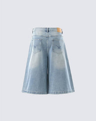 New Light Wash Distressed Wide Denim Shorts