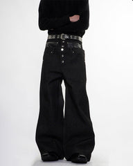 Rivet Patchwork Leather Panel Denim Pants