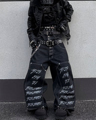 Double Waist Script Denim Pants