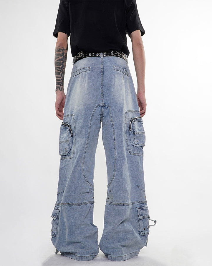 High-Street Multi-Pocket Straight-Leg Denim Pants