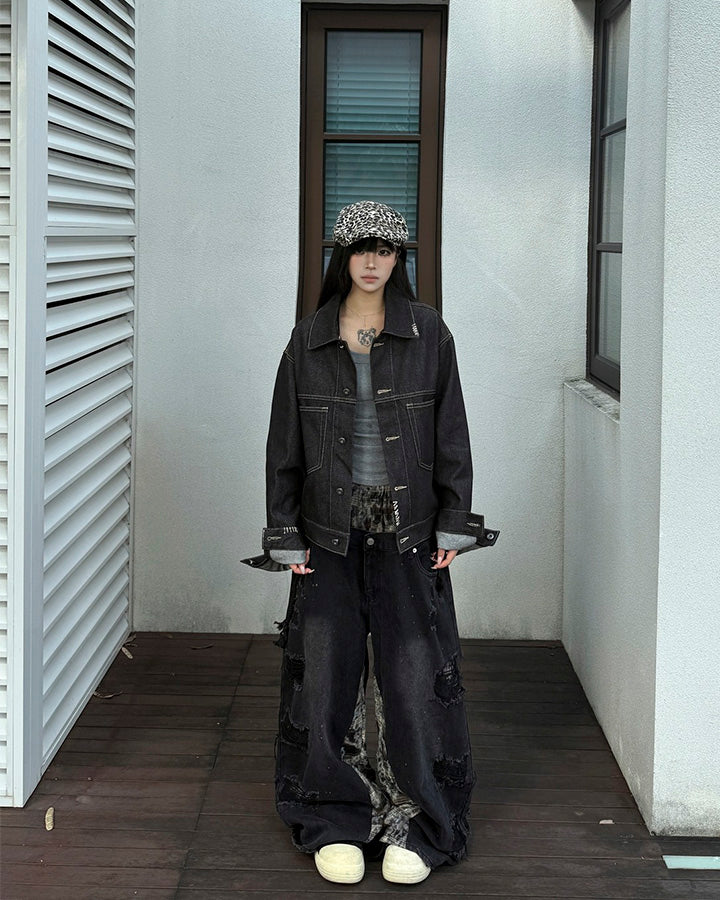 Hip-Hop Patchwork Plaid Layered Denim Pants