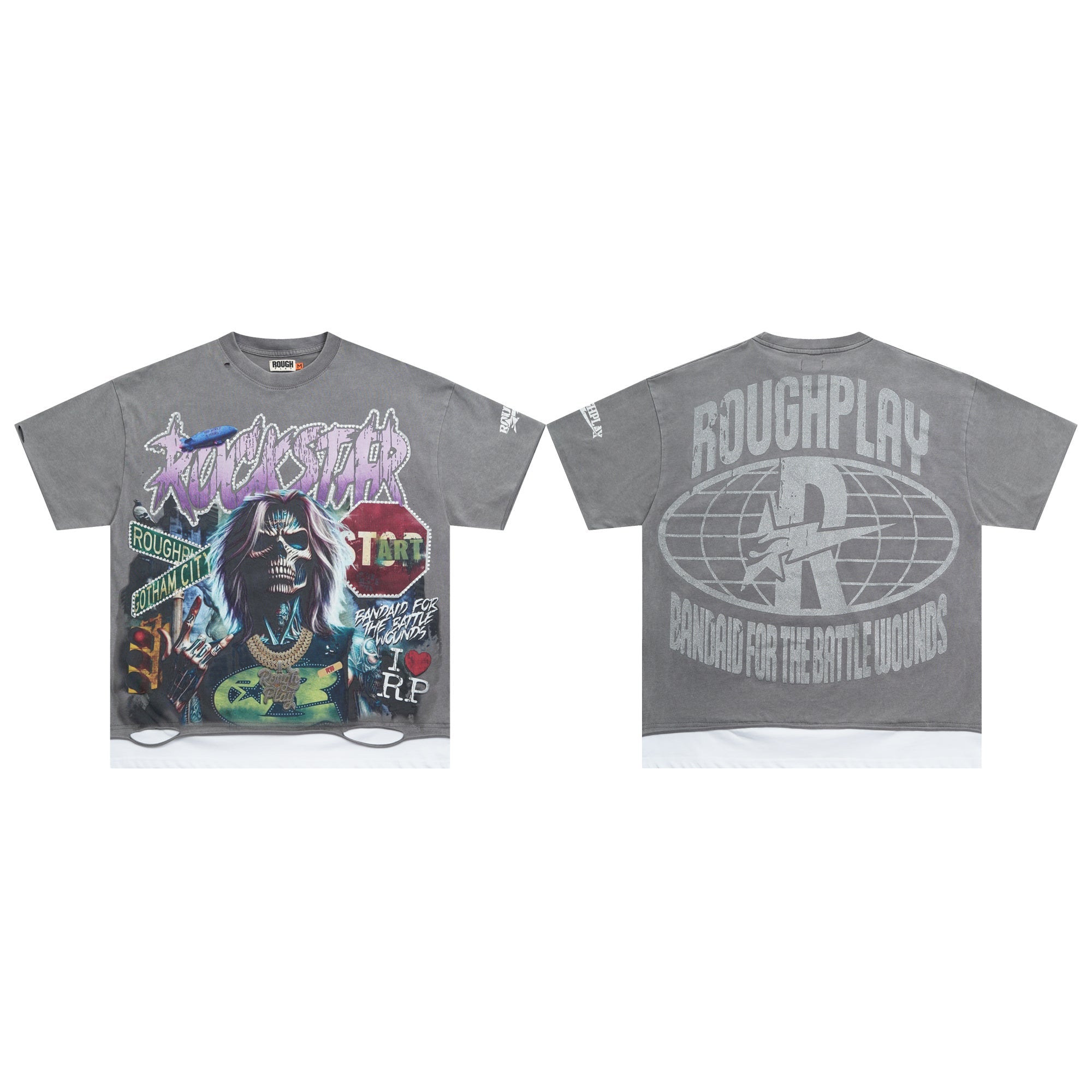 Roughplay Rockstar Skeleton Gotham City Layered Distressed Tee