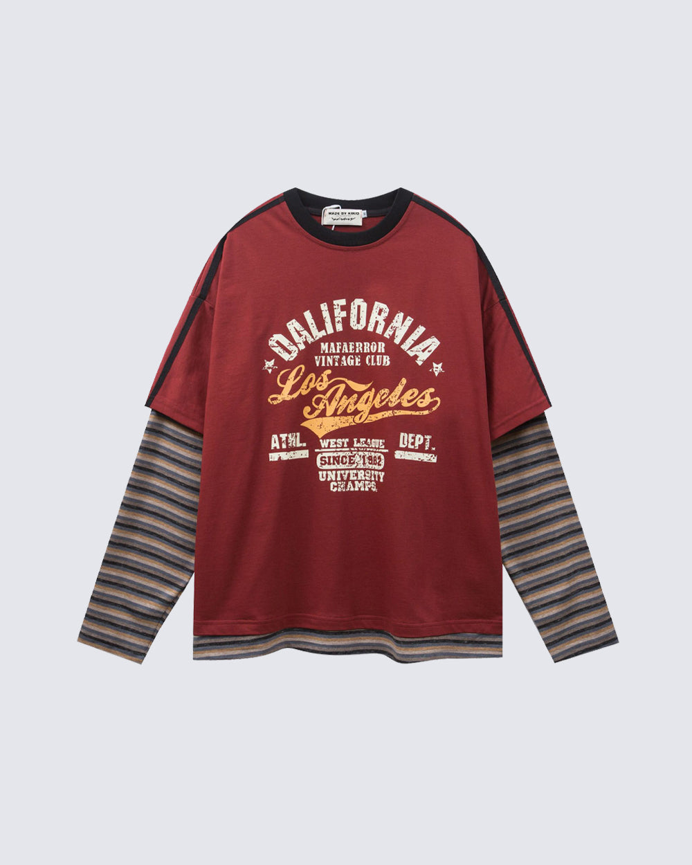American Retro Patchwork Faux Two-Piece Long-Sleeved T-Shirt